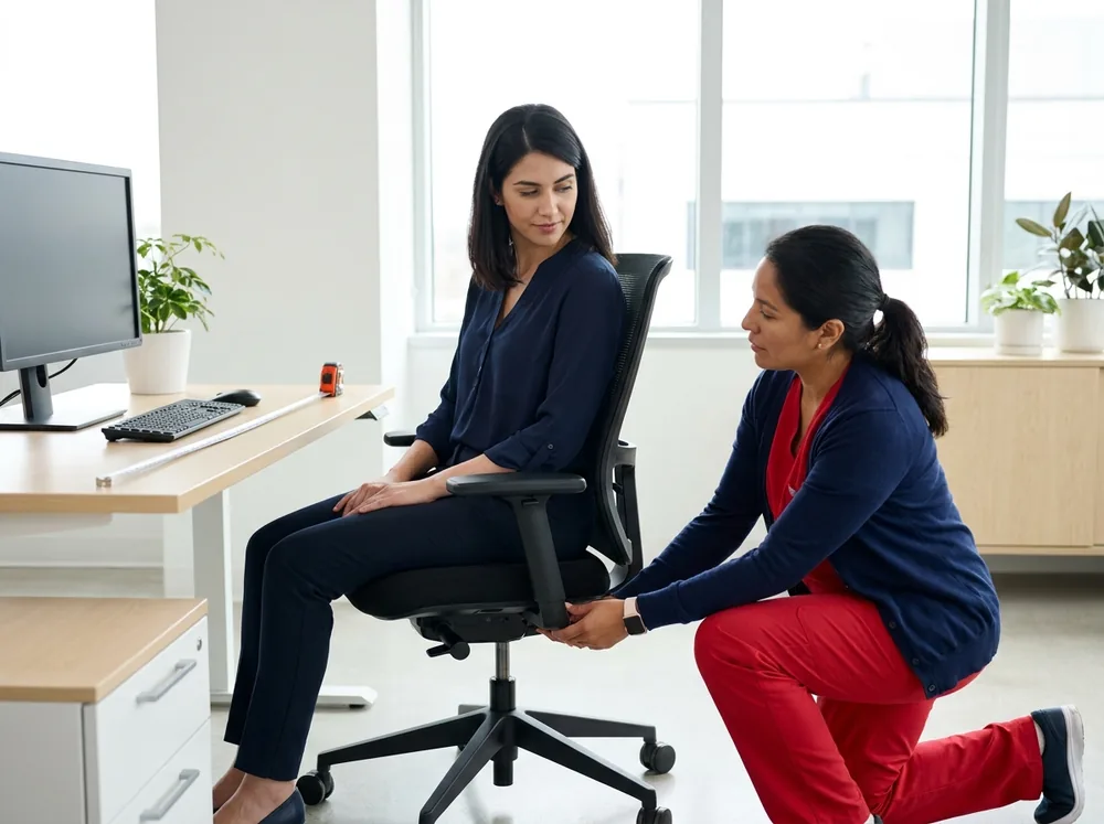 Adaptación del puesto de trabajo según restricciones médico-laborales Profesional ajustando la altura de la silla y el monitor de una trabajadora como adaptación del puesto por restricciones médico-laborales