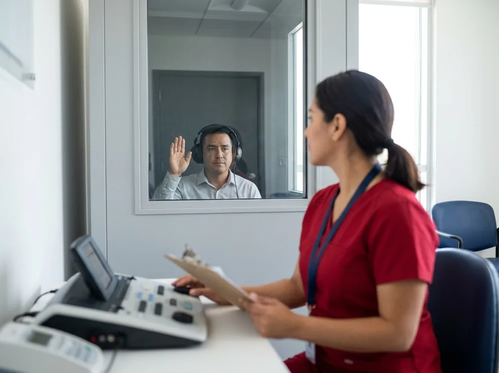 Audiometría ocupacional en cabina sonoamortiguada — Gómez Asociados IPS, Bogotá Trabajador con audífonos dentro de la cabina sonoamortiguada mientras la fonoaudióloga opera el audiómetro