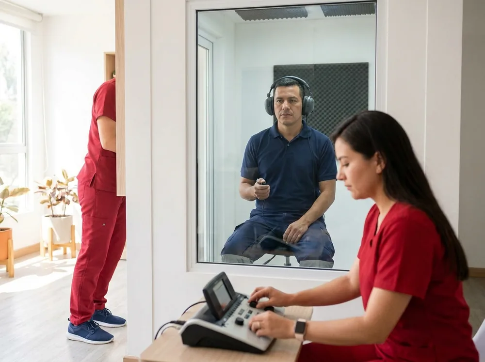 Trabajador realizando una audiometría en la cabina insonorizada de la IPS