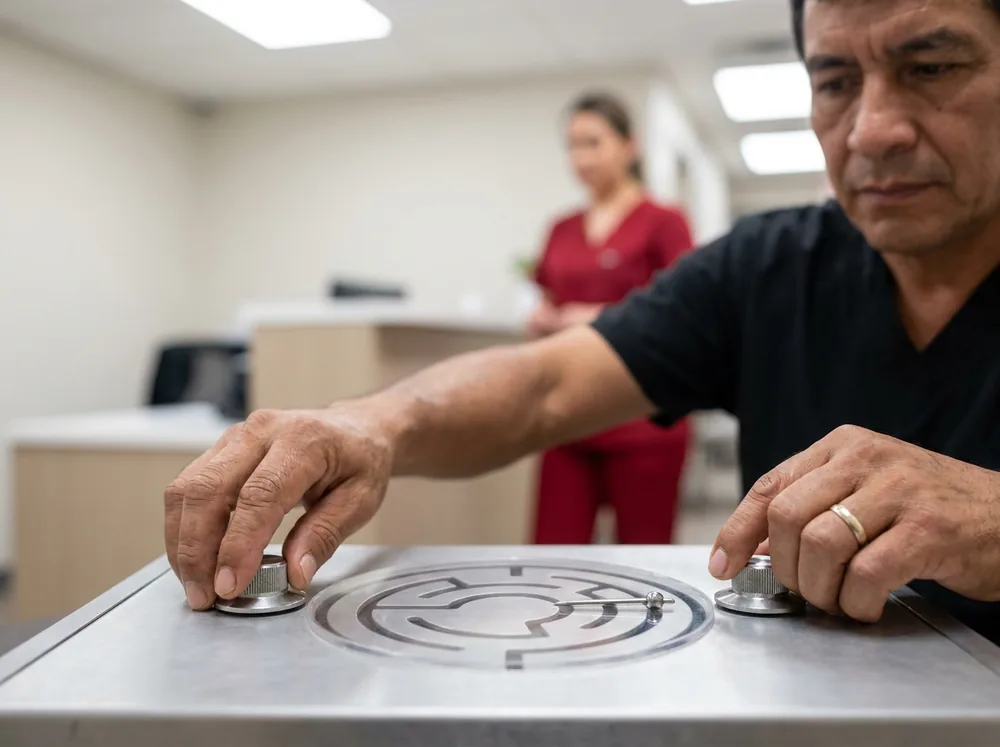 Manos de un trabajador operando los mandos del equipo psicosensométrico en la prueba de coordinación bimanual