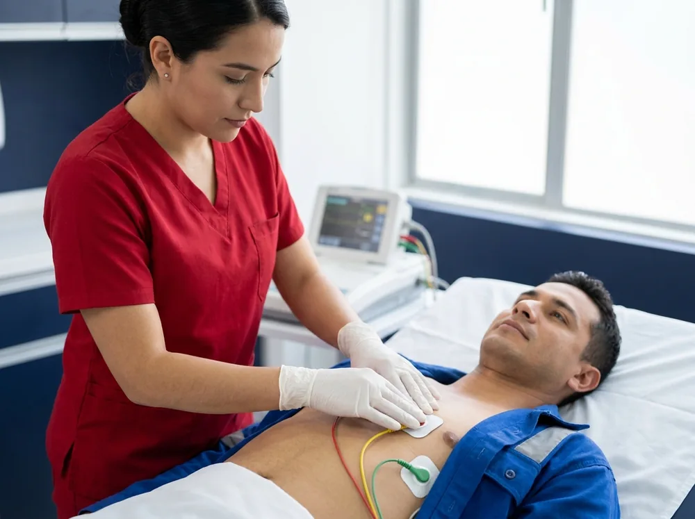 Auxiliar de enfermería colocando los electrodos del electrocardiograma en el pecho de un trabajador