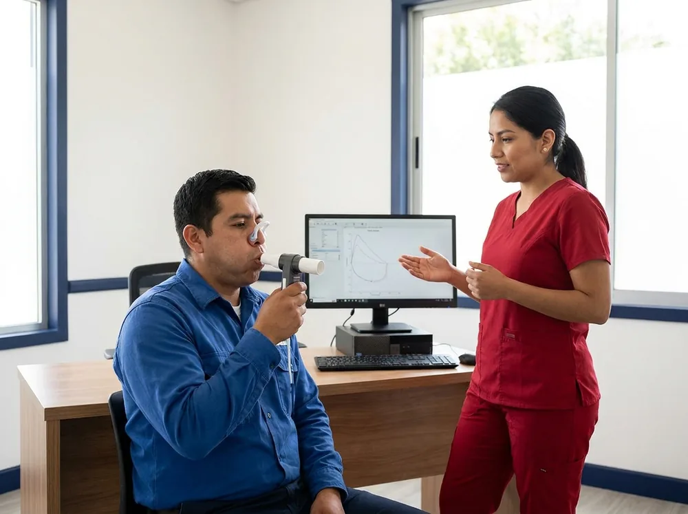 Examen de espirometría ocupacional en Bogotá — Gómez Asociados IPS Trabajador soplando en la boquilla del espirómetro mientras una profesional de la salud supervisa la maniobra