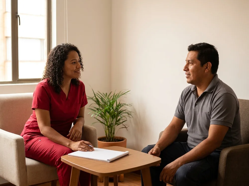 Psicóloga con licencia en SST realizando la entrevista clínica a un trabajador en el consultorio