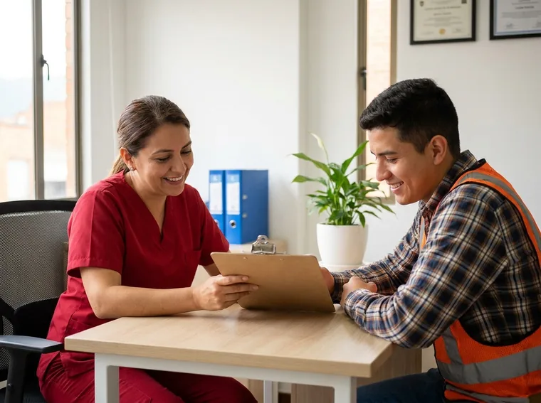Médico especialista en SST realizando la valoración médica ocupacional de un trabajador de empresa