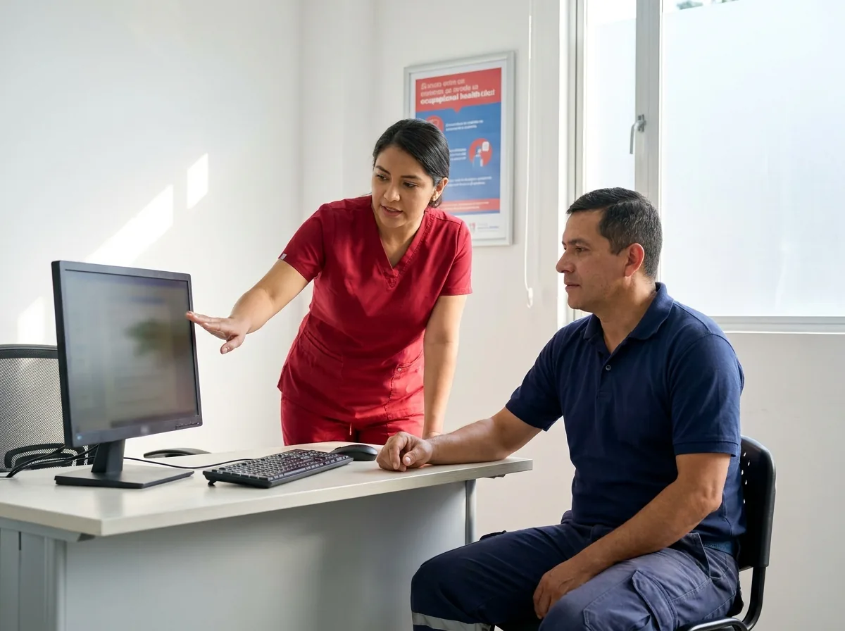 Médico revisando con un trabajador el resultado clínico que estaba pendiente para cerrar su concepto médico ocupacional