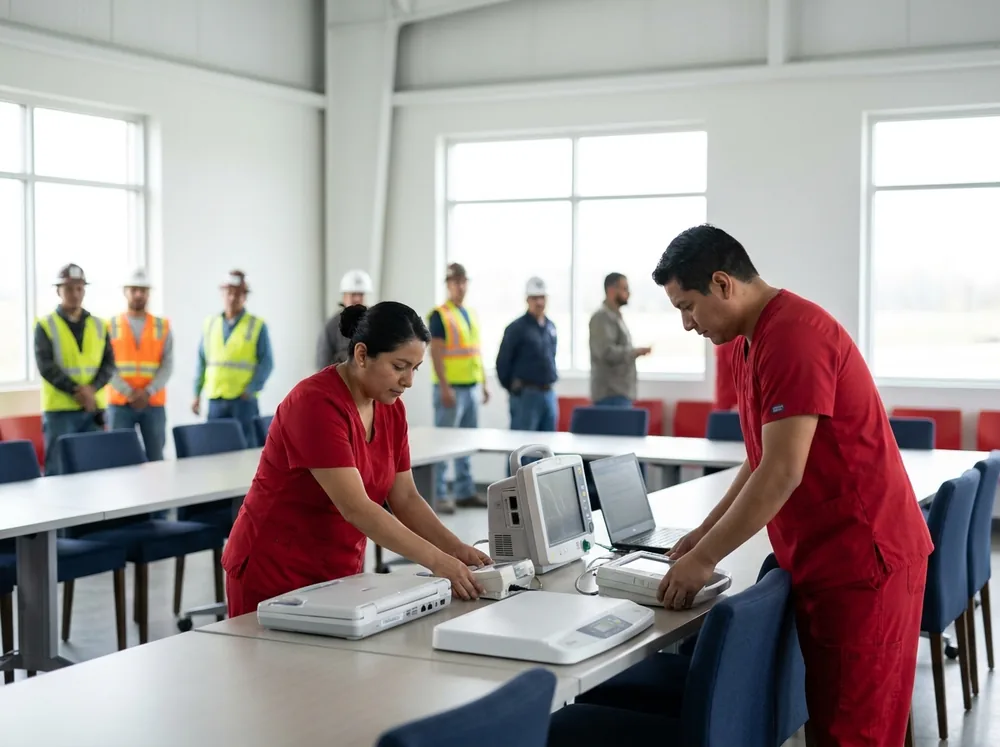 Equipo médico realizando una jornada extramural de exámenes en las instalaciones de una empresa