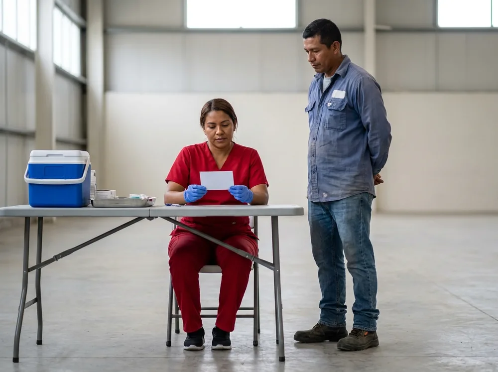 Jornada de vacunación laboral en las instalaciones de la empresa Enfermera revisando el carné de vacunación de un trabajador durante la jornada en la empresa
