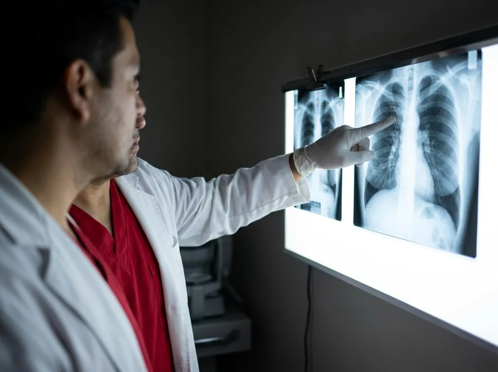 Lectura de radiografía de tórax bajo la clasificación OIT/ILO Médico comparando la radiografía de tórax de un trabajador contra las placas patrón de la clasificación OIT