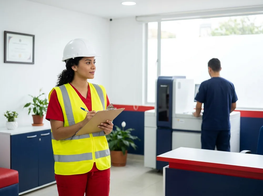 Profesional de seguridad y salud en el trabajo evaluando los peligros del puesto mientras un operario trabaja en planta