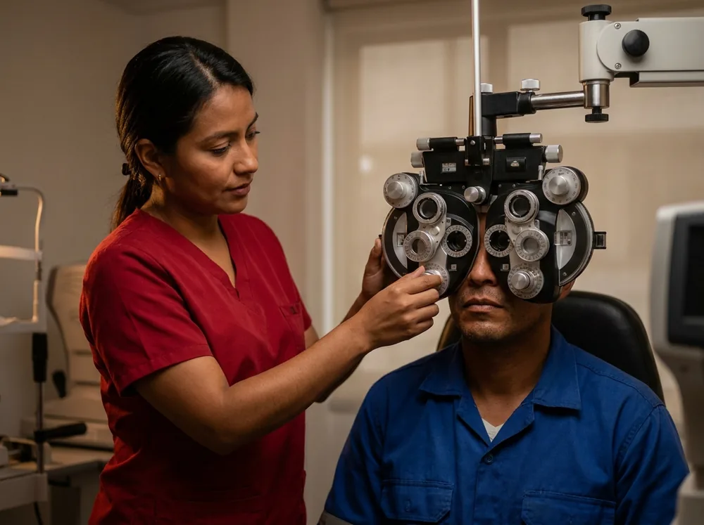 Optómetra evaluando la refracción de un trabajador con el foróptero en el consultorio