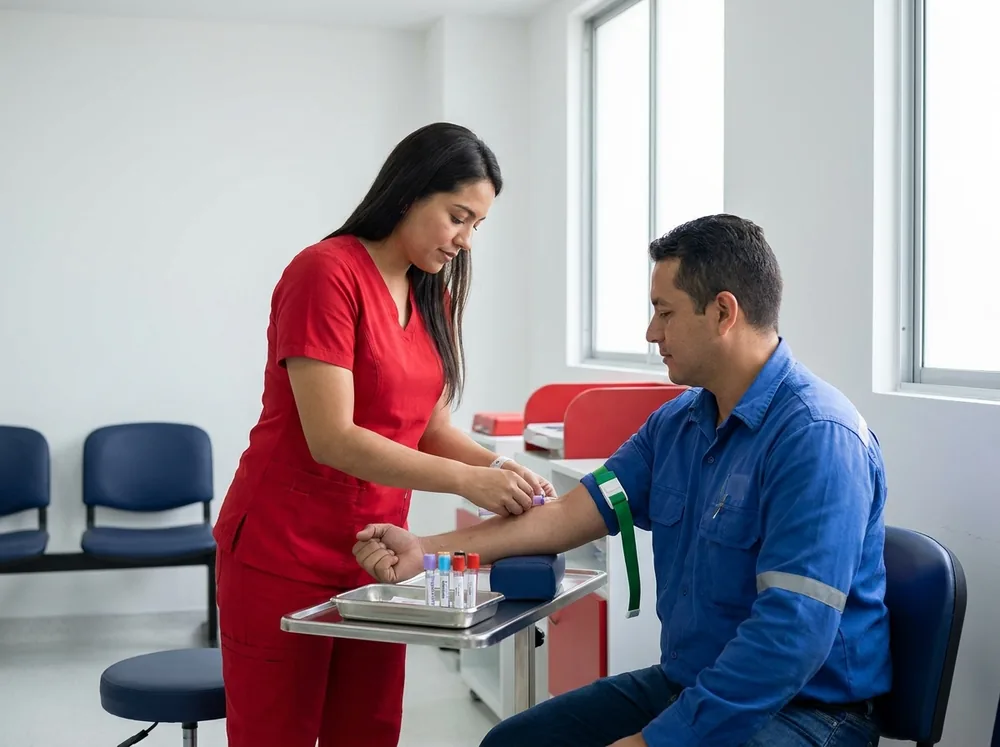 Auxiliar de laboratorio tomando una muestra de sangre a un trabajador para los paraclínicos ocupacionales
