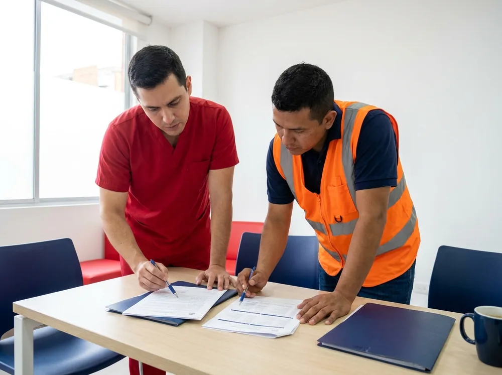 Médico y trabajador comparando los perfiles del cargo anterior y el cargo nuevo durante un examen por cambio de ocupación