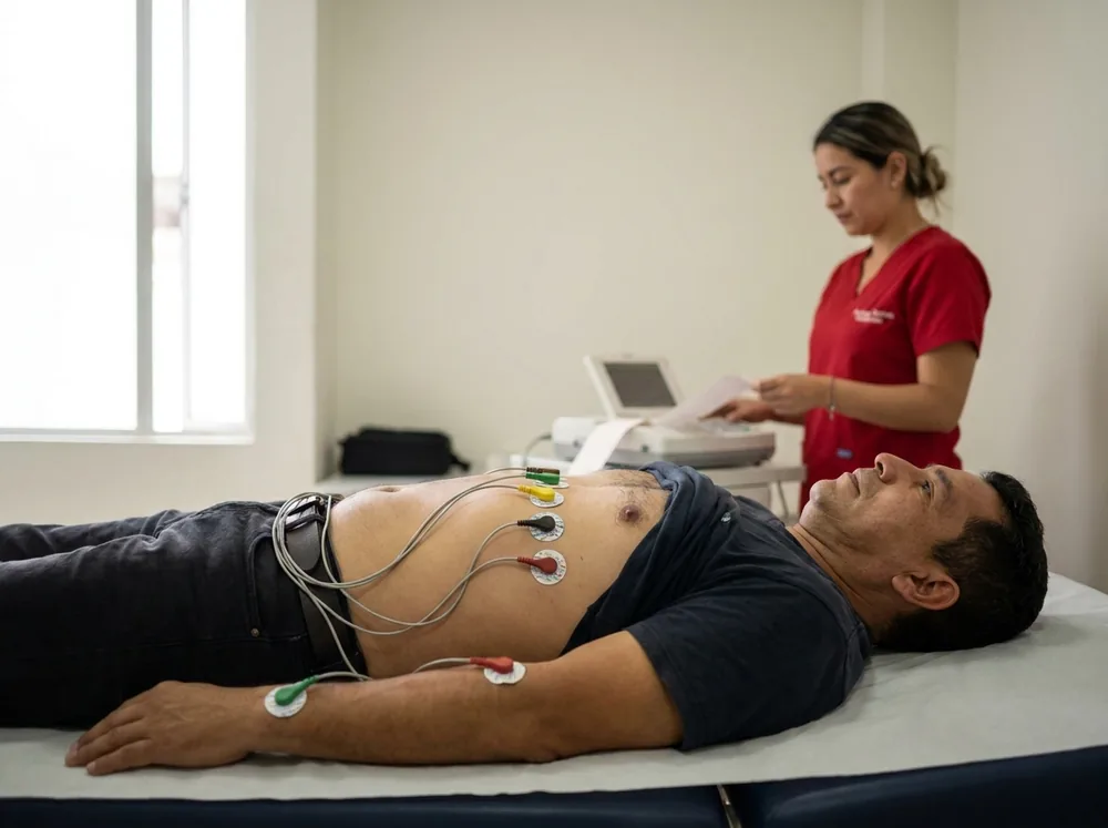 Trabajador acostado y en reposo con los electrodos puestos mientras se registra el electrocardiograma