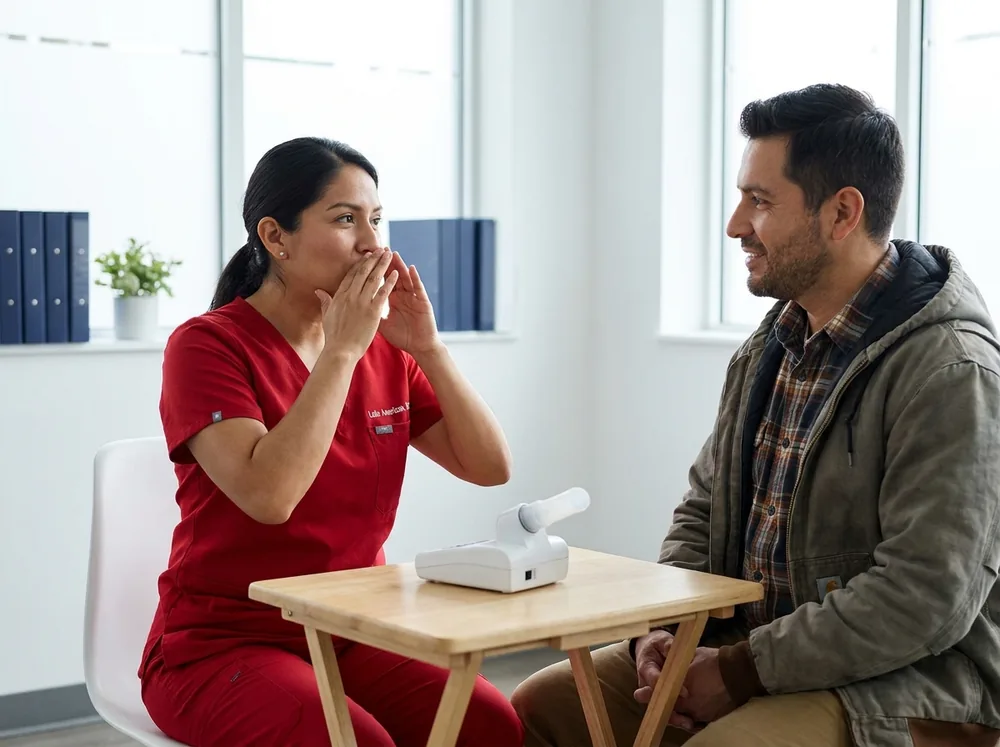 Preparación del trabajador antes de la espirometría ocupacional Profesional de la salud explicando a un trabajador cómo debe respirar durante la maniobra de espirometría
