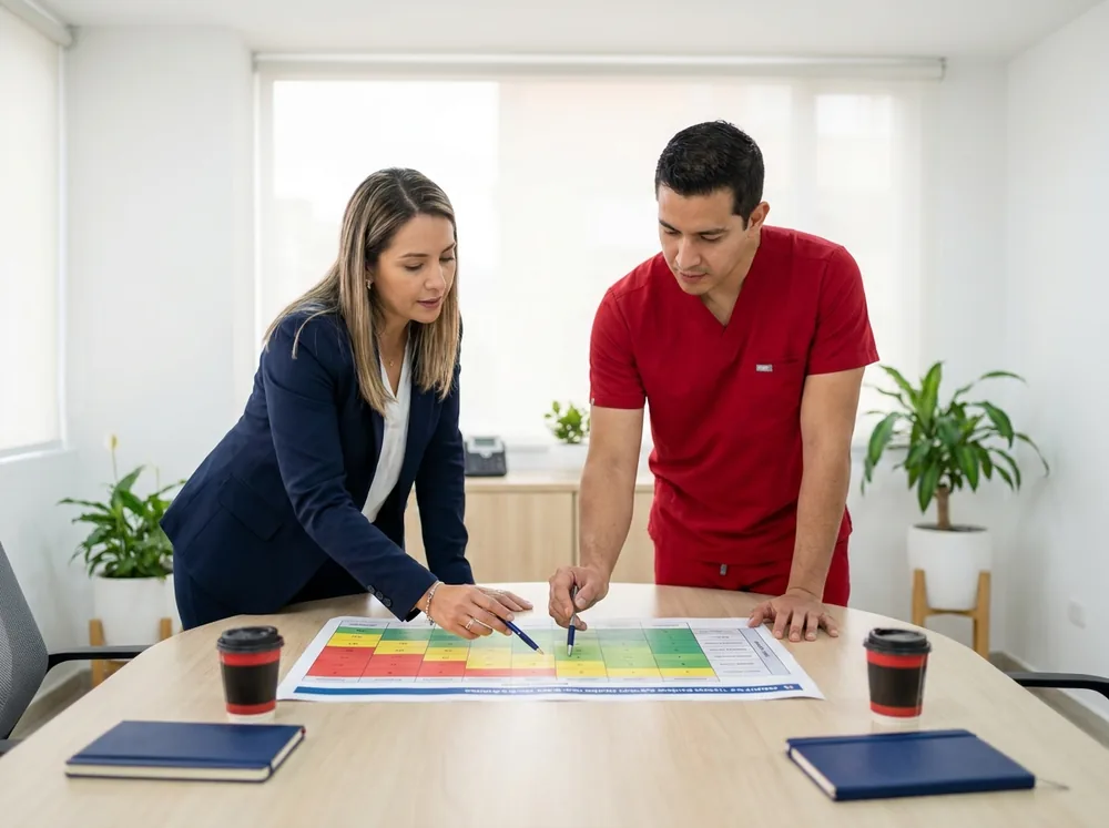 Profesional de SST y médico ocupacional construyendo juntos la matriz del profesiograma de una empresa