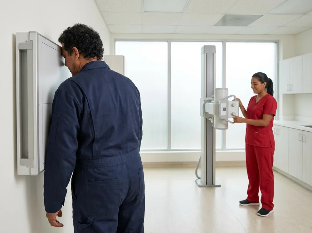 Radiografía de tórax ocupacional en Bogotá — Gómez Asociados IPS Tecnóloga en radiología posicionando a un trabajador frente al equipo para la radiografía de tórax