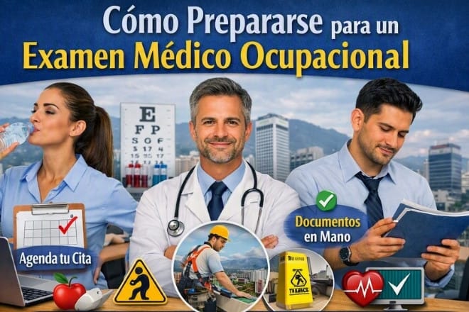 Preparación previa a un examen médico ocupacional Trabajador atendido por personal de salud durante la valoración de un examen médico ocupacional