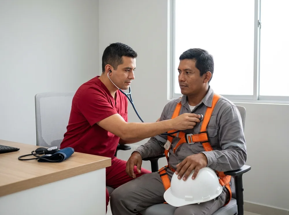 Médico ocupacional valorando a un trabajador con arnés de seguridad