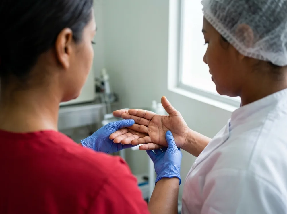 Médica con guantes revisando las manos y las uñas de una trabajadora de alimentos con cofia
